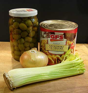Green Olive and Artichoke Heart Salad ingredients
